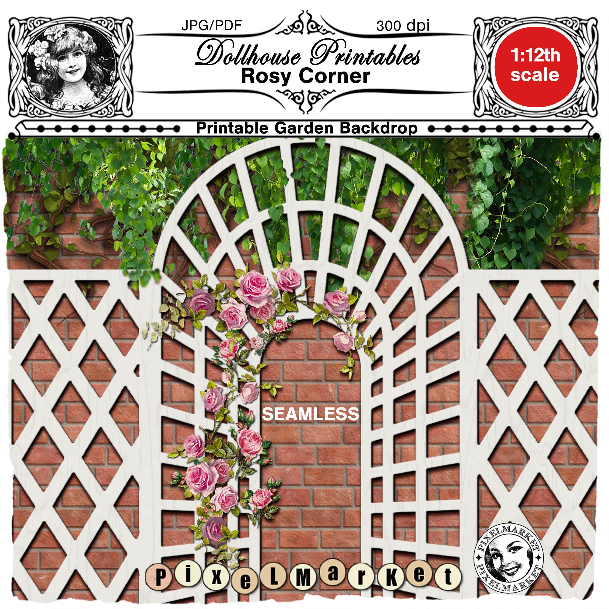 Dollhouse Miniature Garden Backdrop Printable BRICK WALL With Roses ...