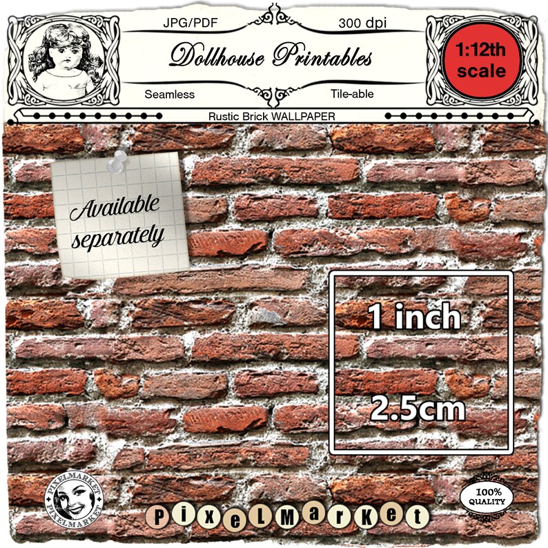DOLLHOUSE PRINTABLE Brick Wallpaper 1/12 Brick Tiles Digital - Etsy