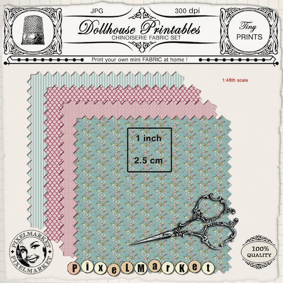 PRINTABLE FABRIC SET for Quarter Scale Miniature Chinoiserie Fabric Prints  Digital Sheets Printable Download for 1/48 Dollhouse Roombox 