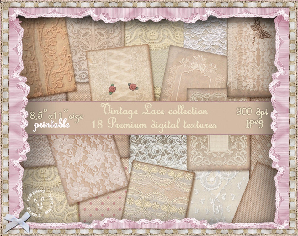 Junk Journal Blank Lace Ledger Vintage Pages, Digital Lace Collage Sheets,  Vintage White Lace Paper, Lace Journal and Scrapbooking Pages 