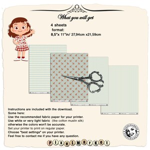 May include: Four printable digital paper sheets in a light green and red color scheme with a checkered pattern, a small red and white pattern, and a striped pattern. The sheets are 8.5 inches by 11 inches. The image also includes a pair of silver scissors and a cartoon girl.