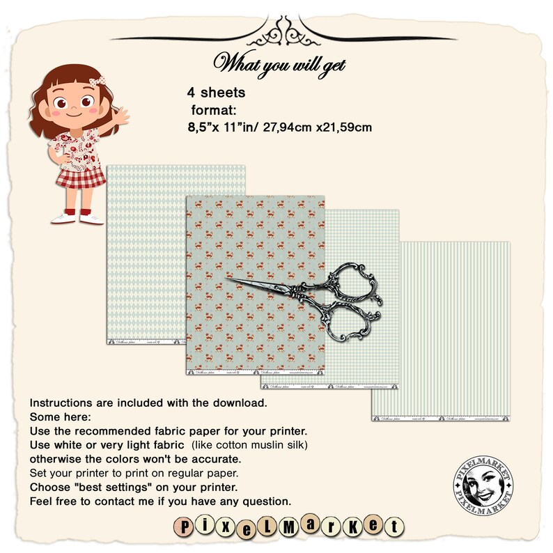 May include: Four printable digital paper sheets in a light green and red color scheme with a checkered pattern, a small red and white pattern, and a striped pattern. The sheets are 8.5 inches by 11 inches. The image also includes a pair of silver scissors and a cartoon girl.