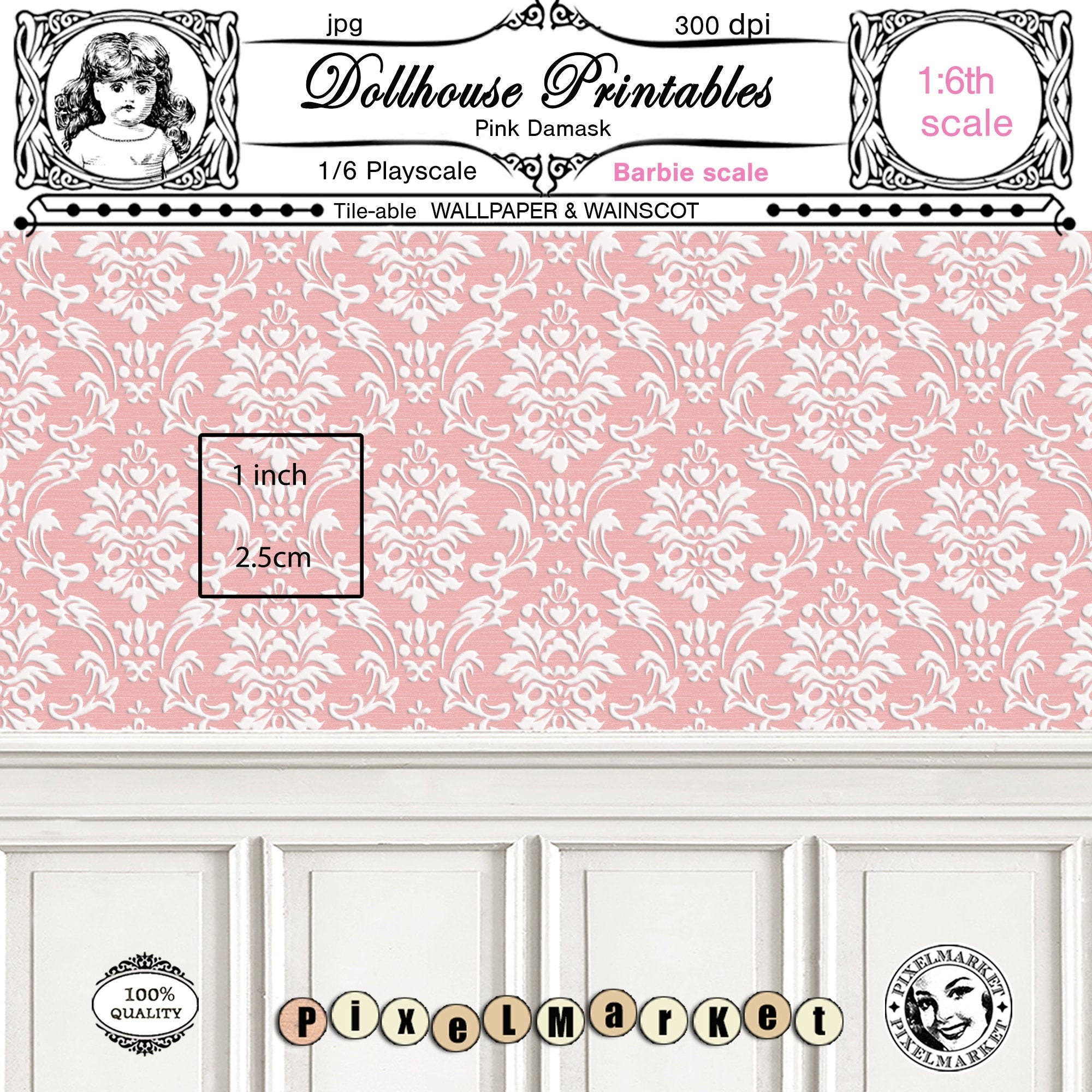 DOLLHOUSE printable WALLPAPER and WAINSCOTING Pink Damask wall | Etsy