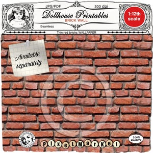 May include: A seamless, printable brick wall pattern for dollhouses. The pattern features thin red bricks and is designed for 1:12 scale dollhouses. The image includes the text "Dollhouse Printables Brick Wall" and "Thin red bricks WALLPAPER".
