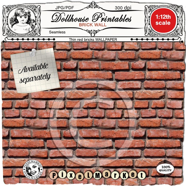May include: A seamless, printable brick wall pattern for dollhouses. The pattern features thin red bricks and is designed for 1:12 scale dollhouses. The image includes the text "Dollhouse Printables Brick Wall" and "Thin red bricks WALLPAPER".