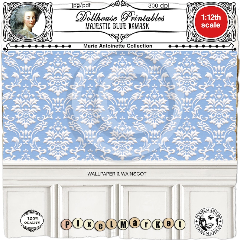 Printable Damask Wallpaper and Paneling Set - Elegant Blue Damask Wall Covering for 1/12 Rococo Decor, Dollhouse, Diorama, Roombox, Booknook image 1
