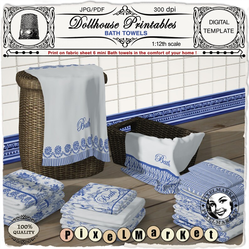 Dollhouse printable MINIATURE BATH TOWELS Digital template to | Etsy