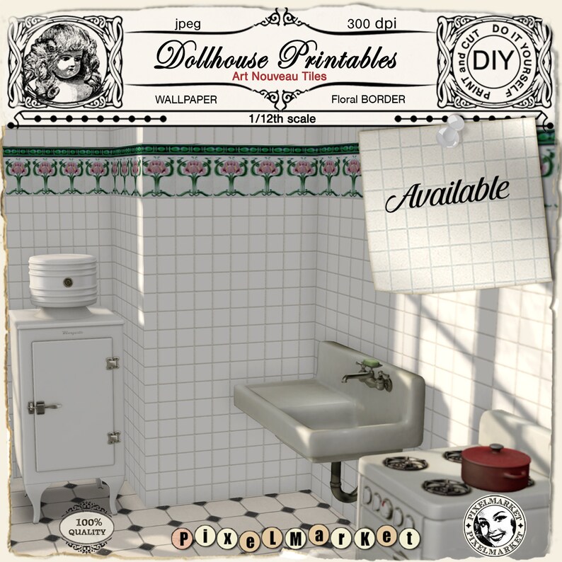 Dollhouse tiles Printable Wallpaper white METRO WALL TILES | Etsy