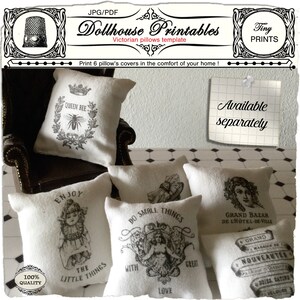 May include: Six printable pillow covers with Victorian-inspired designs. The designs include a bee with a crown, a girl enjoying the little things, a girl with a crown and flowers, a woman with a crown and flowers, a woman with a crown and flowers, and a woman with a crown and flowers. The text on the pillows reads "Queen Bee", "Enjoy the Little Things", "Do Small Things With Love", "Grand Bazar de L'Hotel-de-Ville", and "Grand Magasin de Nouveautes".