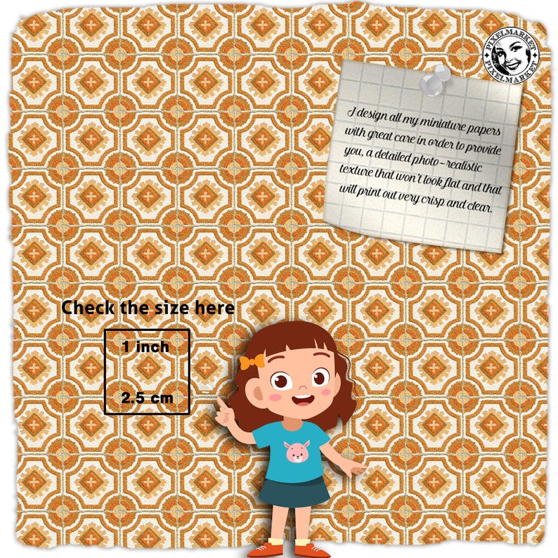 May include: A girl stands in front of a brown and white patterned background. The background is a repeating pattern of squares and diamonds. The girl is pointing to a square that says "1 inch" and "2.5 cm". The text "Check the size here" is above the square. A note with text about miniature papers is pinned to the background.