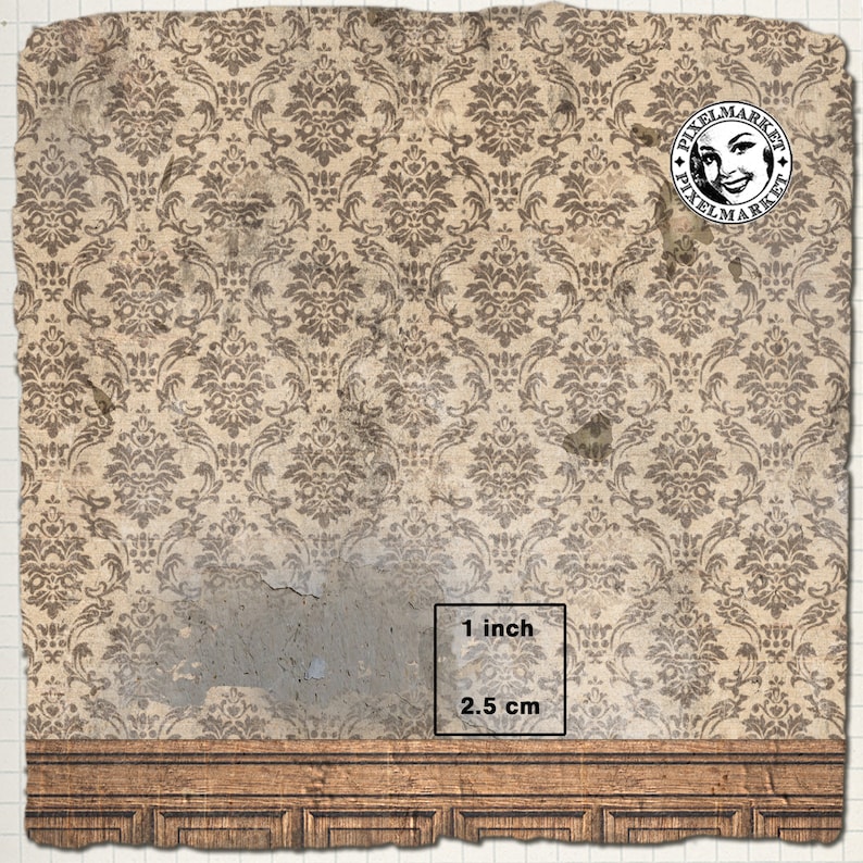 May include: A distressed, beige wallpaper with a brown damask pattern. The wallpaper has a large, light blue patch of missing paint. A wooden baseboard with a decorative moulding is at the bottom of the image. The text "1 inch" and "2.5 cm" is printed on a white rectangle.
