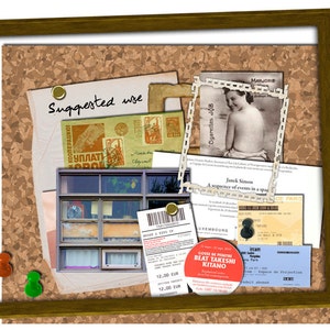 May include: A corkboard with various items pinned to it, including a vintage photograph, a ticket stub, a receipt, and a postcard. The corkboard is framed in wood.