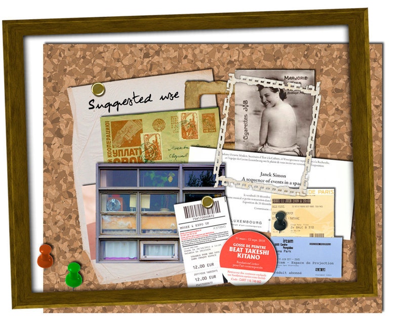 May include: A corkboard with various items pinned to it, including a vintage photograph, a ticket stub, a receipt, and a postcard. The corkboard is framed in wood.