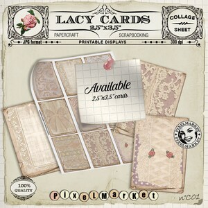 May include: A set of printable 2.5" x 3.5" cards featuring a collage of lace designs. The cards are available in JPG format and are perfect for scrapbooking, paper crafting, and other creative projects.