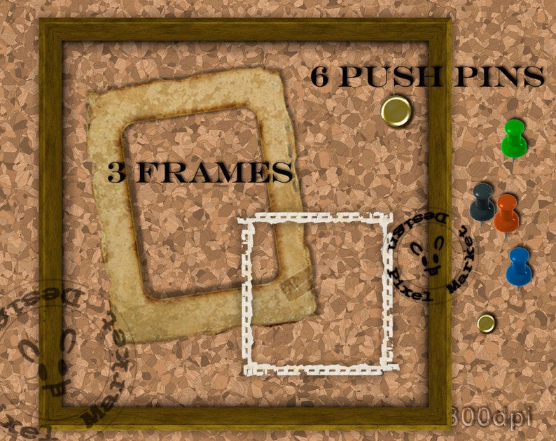 May include: A corkboard with three frames, two of which are brown and one is white. There are six push pins in various colours, including green, blue, red, and gold. The corkboard is labelled "3 FRAMES" and "6 PUSH PINS".