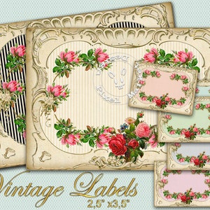 May include: Set of six vintage-style labels with a pink rose floral design and gold ornate frames. The labels are 2.5 inches by 3.5 inches and have a striped background.