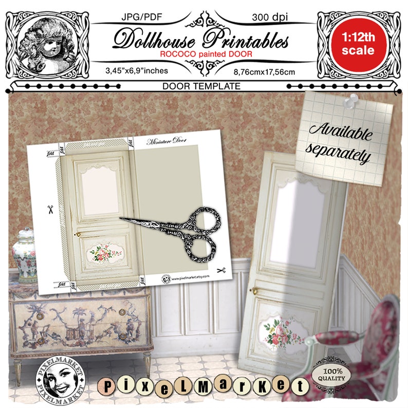 May include: A printable dollhouse door template in a 1:12 scale, featuring a rococo design with floral accents. The template is 3.45 inches by 6.9 inches and is available separately.