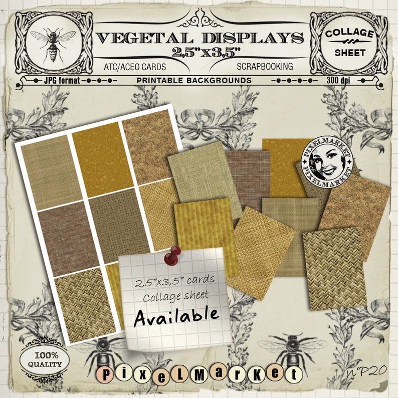 May include: A digital collage sheet of 10 different textured backgrounds in shades of brown and yellow. The sheet is 2.5 inches by 3.5 inches and is available for digital download. The sheet is labeled "Vegetal Displays" and "Printable Backgrounds".