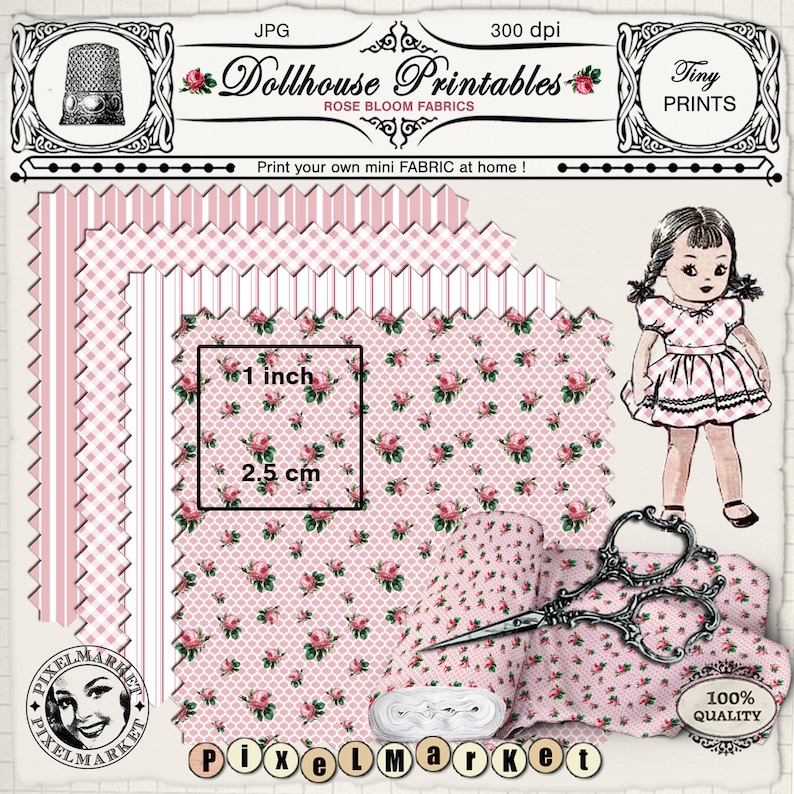 K&ouml;nnte beinhalten: Ein Satz von vier druckbaren Stoffmustern f&uuml;r Puppenh&auml;user mit rosa und wei&szlig;en Streifen, Gingham und einem Blumendesign mit rosa Rosen auf hellrosa Hintergrund. Die Muster sind 1 Zoll mal 2,5 cm gro&szlig; und mit "Dollhouse Printables" und "Rose Bloom Fabrics" beschriftet.