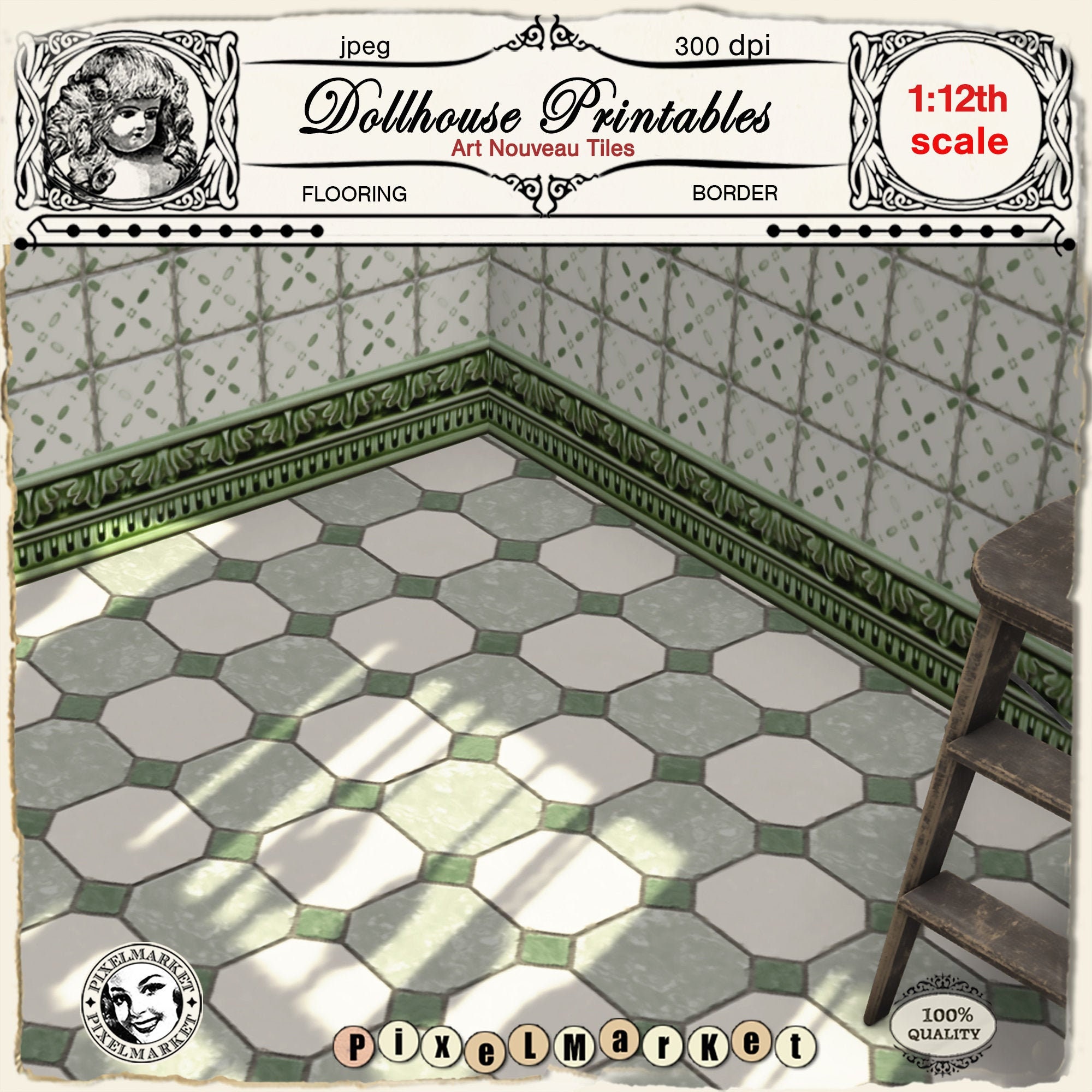 Dollhouse Miniature Tile Flooring Sheet Victorian Art Nouveau Style 1: ...