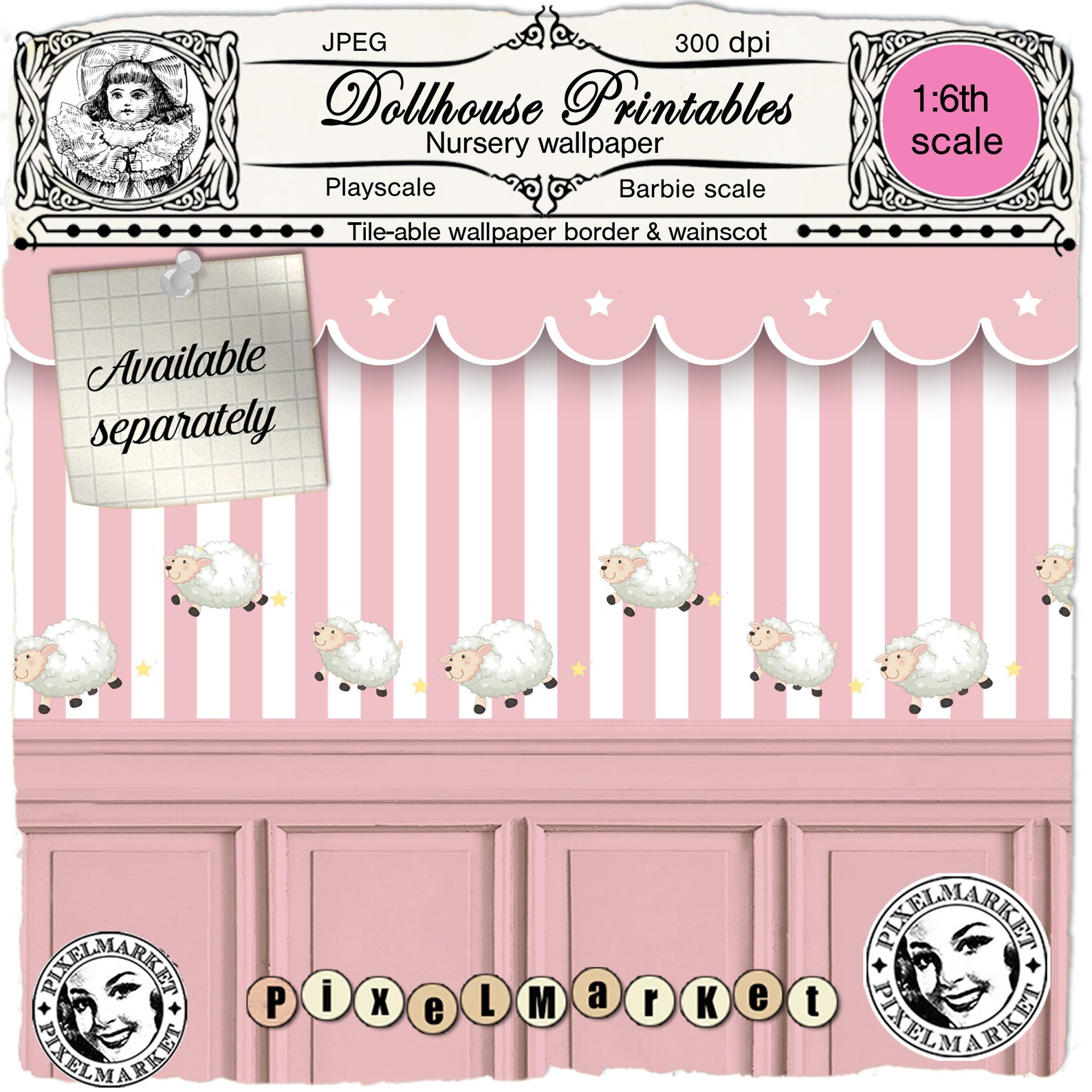 DOLLHOUSE Playscale printable wallpaper border and wainscot | Etsy