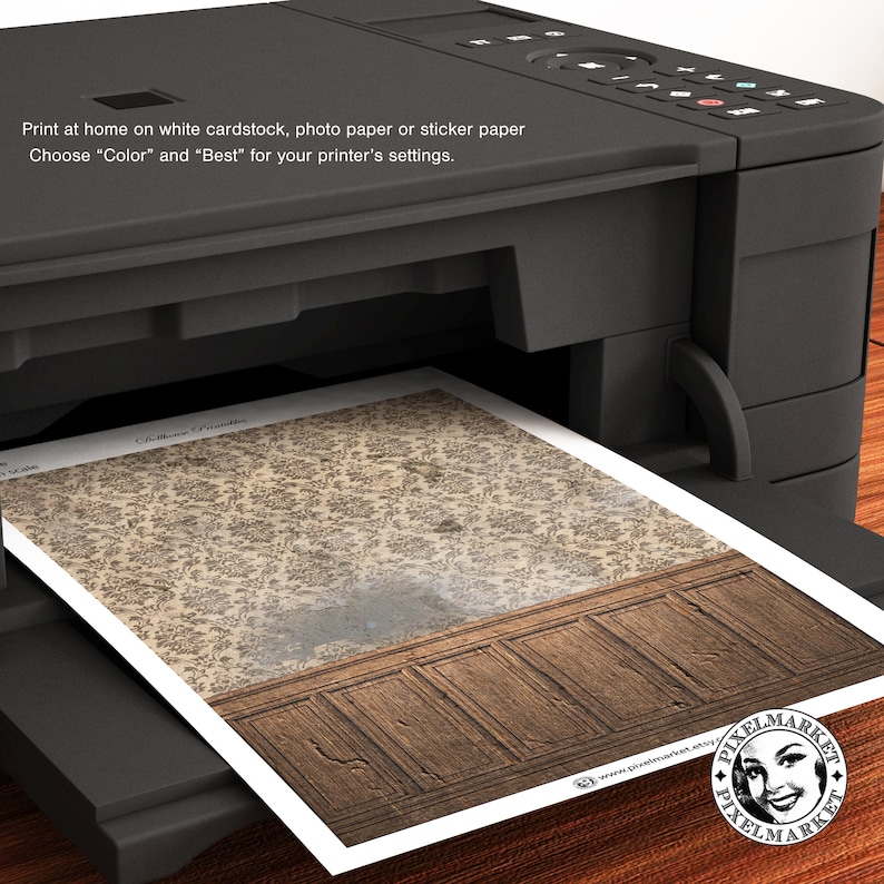 May include: A printable dollhouse wallpaper featuring a brown and beige floral pattern with a wood paneling border. The wallpaper is being printed on a black and white printer.
