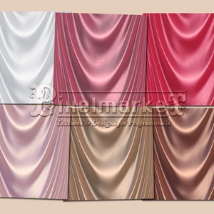May include: Six digital art squares showcasing flowing fabric textures in a draped style. The colours range from white, pink, red, rose gold, tan, and brown. The image includes the text "Pixelmarket Textures & Designs & Patterns".