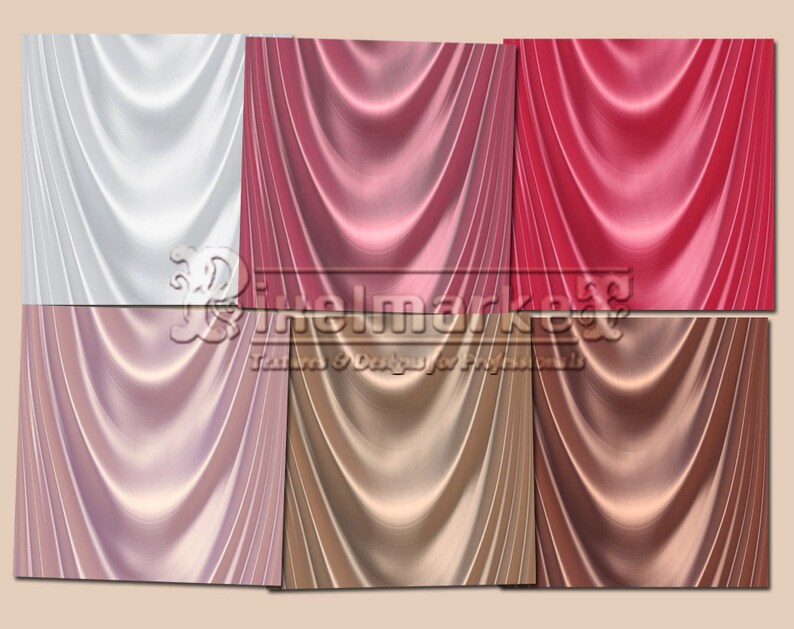 May include: Six digital art squares showcasing flowing fabric textures in a draped style. The colours range from white, pink, red, rose gold, tan, and brown. The image includes the text "Pixelmarket Textures & Designs & Patterns".