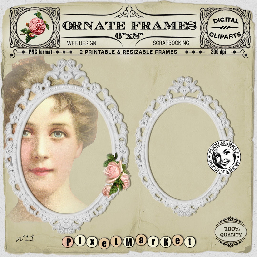 White OVAL ORNATE FRAME Cliparts Set Printable Download for