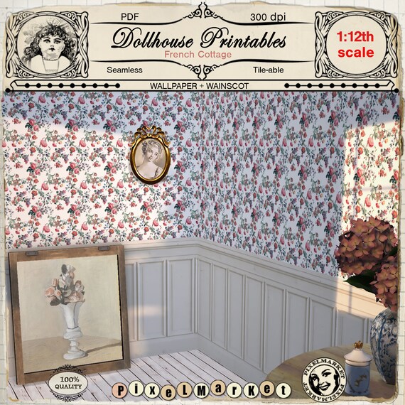 Dollhouse Printable Wallpaper French Cottage Floral Wallpaper Etsy