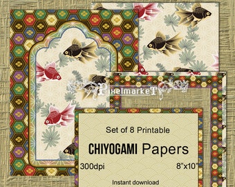 PRINTABLE JAPANESE Chiyogami PAPERS Set of 8 Large Images Instant Download for Scrapbooking Photographer Blog Design Origami Paper Fish p29