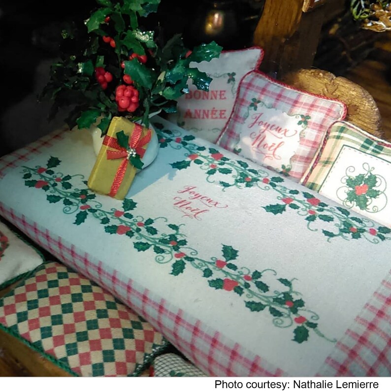 Dollhouse PRINTABLE FABRIC 1:12th miniature Christmas Tablecloth Placemats & Napkins Digital TEMPLATE Iron On for doll house diorama roombox image 5