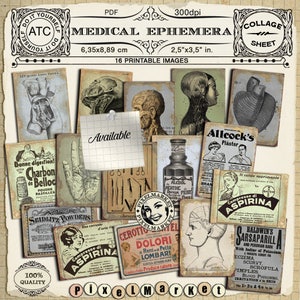 May include: A collage sheet of 16 vintage medical illustrations. The images are in black and white and feature anatomical diagrams, medical products, and text in French and Italian. The sheet is titled "Medical Ephemera" and measures 2.5 inches by 3.5 inches.