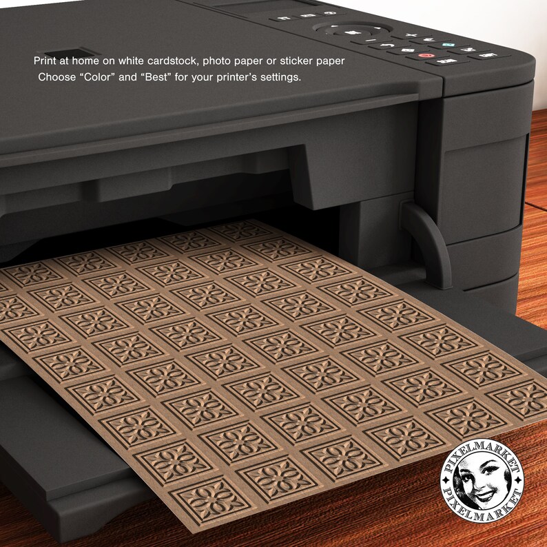 May include: A printer with a sheet of brown paper with a repeating pattern of squares with a floral design inside each square. The text on the printer reads "Print at home on white cardstock, photo paper or sticker paper Choose "Color" and "Best" for your printer's settings."