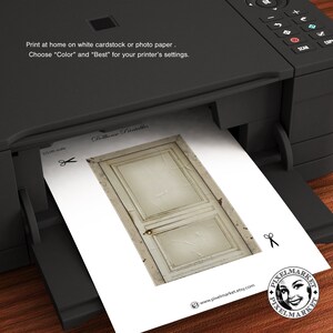 May include: A printable dollhouse door in 1/12th scale. The door is white with a distressed finish and a gold door handle. The printable is designed to be printed at home on white cardstock or photo paper.