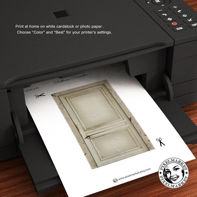 May include: A printable dollhouse door in 1/12th scale. The door is white with a distressed finish and a gold door handle. The printable is designed to be printed at home on white cardstock or photo paper.
