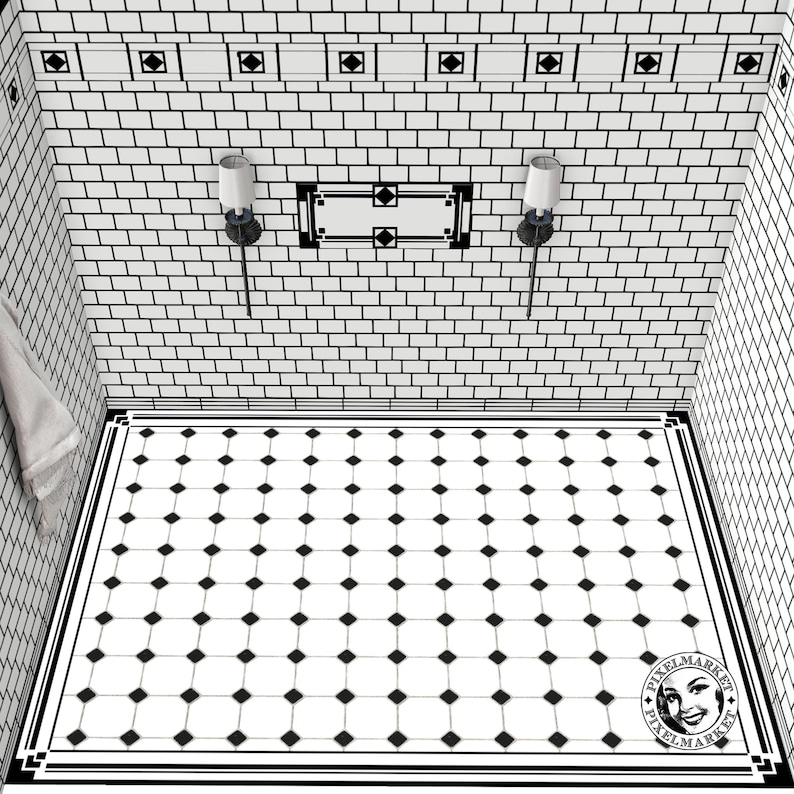 DOLLHOUSE Flooring ART DECO Bathroom 1/12 scale Black & White Floor tiles Printable download Digital sheet for Diorama Roombox image 5