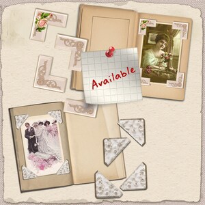 May include: Two open vintage photo albums with blank pages and decorative corner embellishments. One album has a photo of a woman in a dress, the other has a photo of a group of people. A note with the word "Available" is attached to one of the albums.