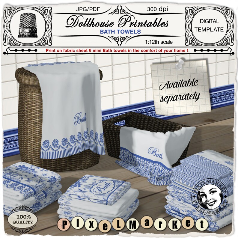 May include: Six miniature white bath towels with blue trim and the word "Bath" embroidered on them. The towels are stacked in a wicker basket and on a wooden surface. The image includes the text "Dollhouse Printables Bath Towels 1:12th scale".