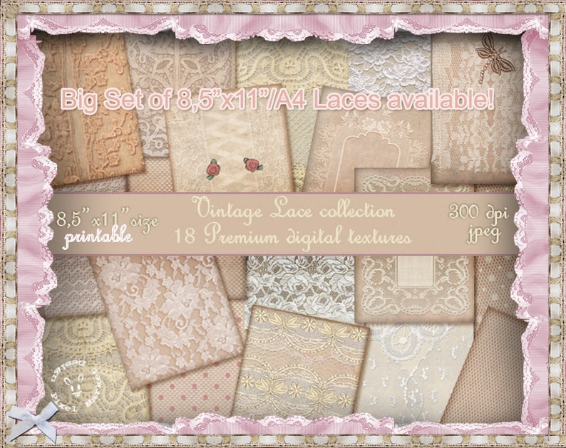 May include: A collage of 18 digital textures featuring vintage lace patterns in various shades of white and beige. The textures are 8.5 inches by 11 inches and 300 dpi. The text "Vintage Lace collection" is visible in the centre of the image.
