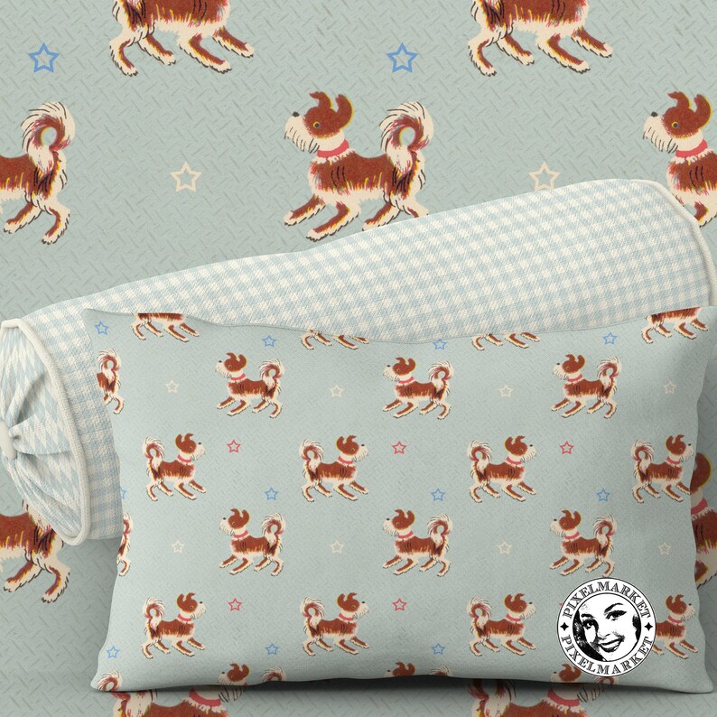 May include: A blue and white gingham pillow cover with a pattern of brown dogs on a light blue background. The pillow cover has a white border and a white zipper.