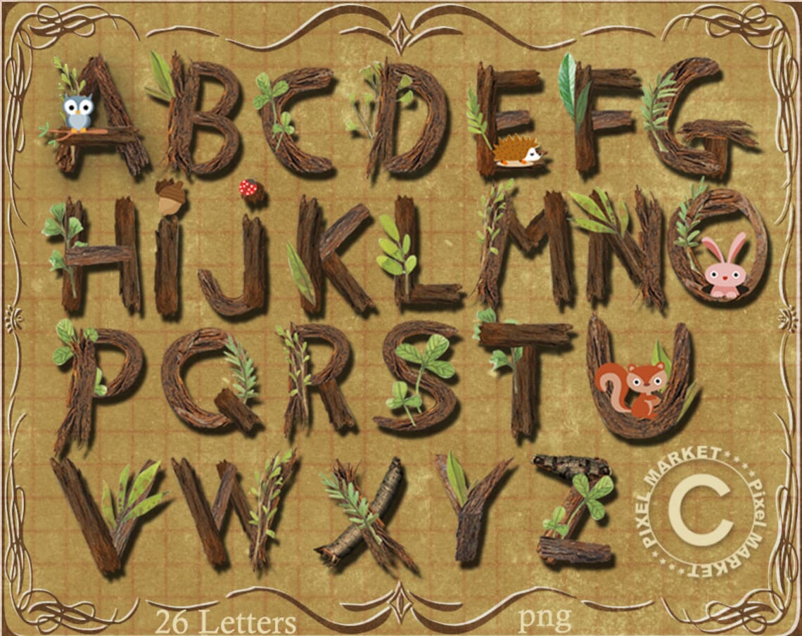 Realistic Wood ALPHABET Wooden Letters Clipart Twig Font Etsy