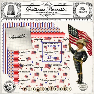 K&ouml;nnte beinhalten: Ein Satz druckbarer patriotischer Stoffdesigns mit roten, wei&szlig;en und blauen Sternen und Streifen. Die Designs beinhalten die W&ouml;rter "Home of the Brave", "Land of the Free", "Declaration of Independence 1776" und "4th of July". Die Designs sind in den Gr&ouml;&szlig;en 1 Zoll und 2,5 cm erh&auml;ltlich.