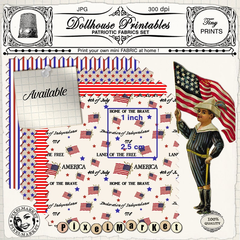 K&ouml;nnte beinhalten: Ein Satz druckbarer patriotischer Stoffdesigns mit roten, wei&szlig;en und blauen Sternen und Streifen. Die Designs beinhalten die W&ouml;rter "Home of the Brave", "Land of the Free", "Declaration of Independence 1776" und "4th of July". Die Designs sind in den Gr&ouml;&szlig;en 1 Zoll und 2,5 cm erh&auml;ltlich.