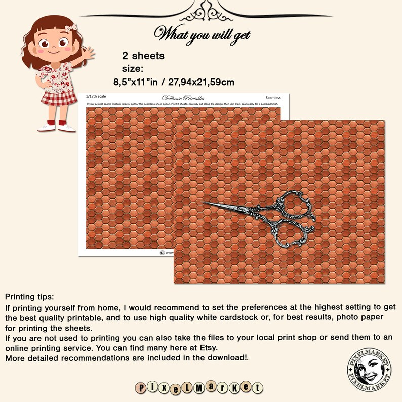 May include: Two sheets of printable digital paper featuring a seamless pattern of orange and brown hexagonal tiles. The paper measures 8.5 inches by 11 inches and is suitable for crafts, scrapbooking, or other projects.