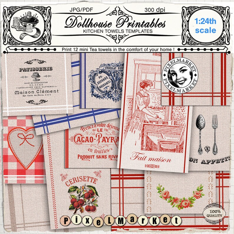 DOLLHOUSE PRINTABLES Miniature Kitchen TOWELS Digital Template - Etsy