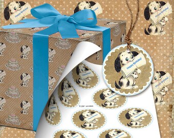 Printable Birthday Gift TAGS 2in25 Circle CUPCAKE TOPPERS for boy’s birthday party Digital Download Retro dog  Blue sticker