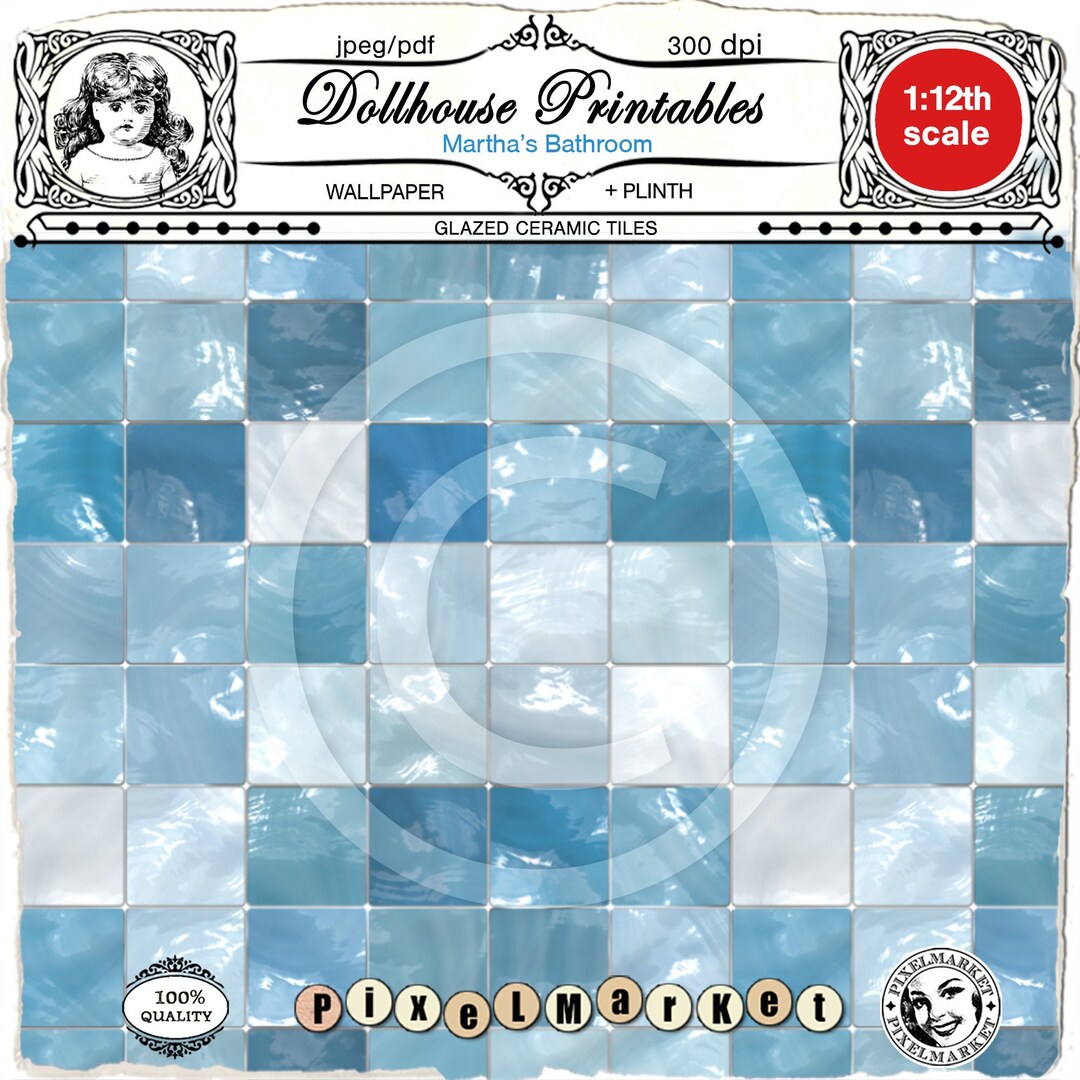 DOLLHOUSE Miniature Bathroom Wallpaper Blue Wall Tiles Digital Download ...