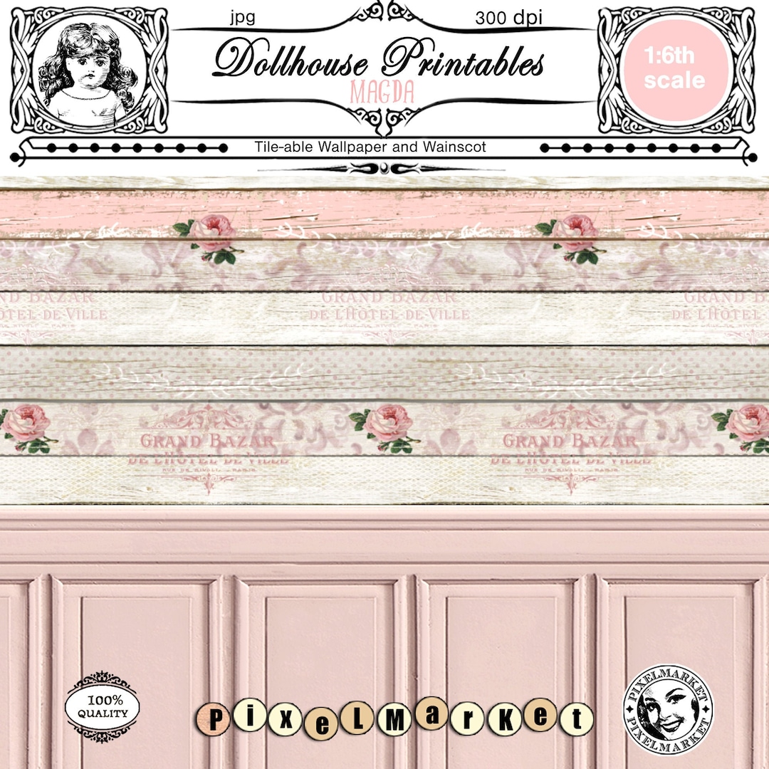 DOLLHOUSE Printable Wood Plank WALLPAPER With WAINSCOTING Miniature ...