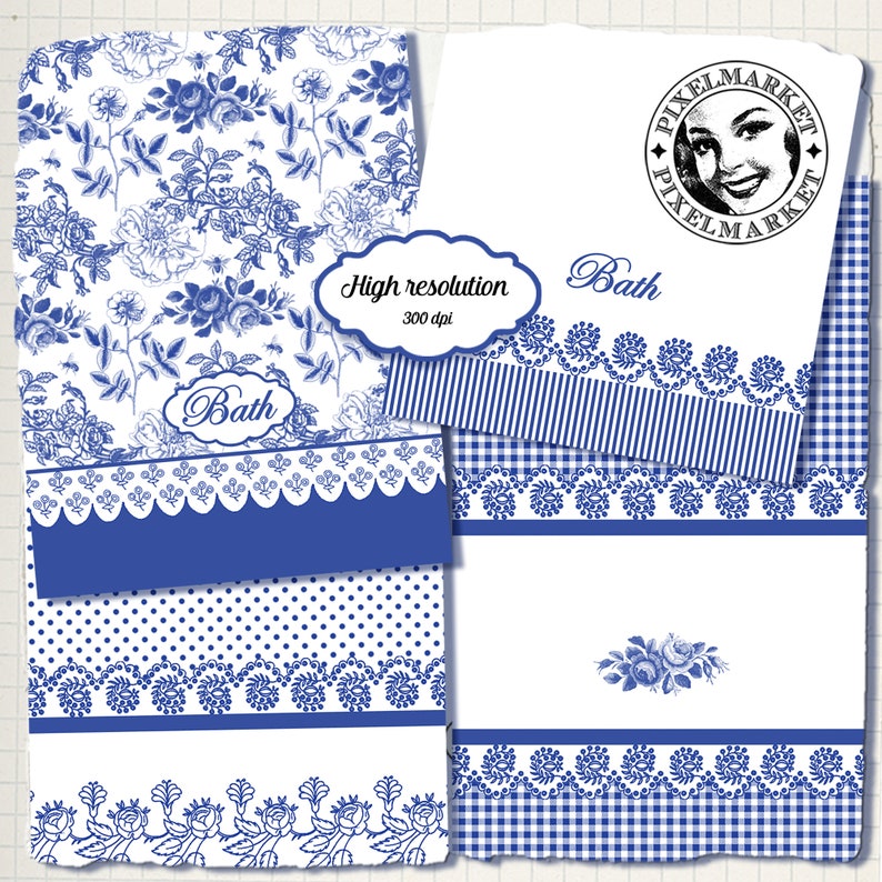 May include: Blue and white floral patterned digital paper pack with a variety of borders and patterns. The pack includes a floral pattern, a polka dot pattern, a striped pattern, a gingham pattern, and a scalloped border. The paper pack is labeled "Bath" and "High resolution 300 dpi".